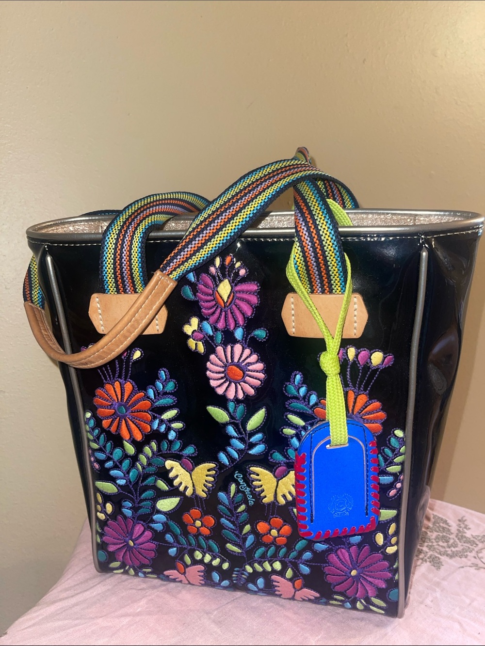 Consuela Black Patent Tote with Multicolor Floral Embroidery and Rainbow Straps